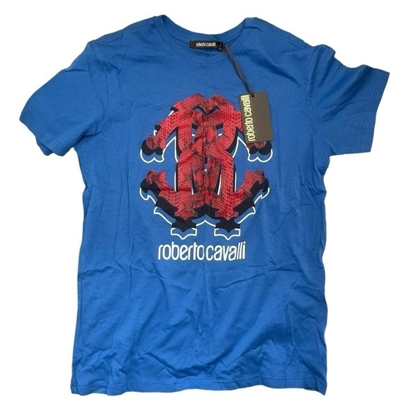 Roberto Cavalli Men's Royal Blue Medium Graphic Print Crewneck T-Shirt - Picture 3 of 11